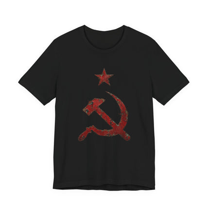 Red hammer and sickle star communist symbol graphic tee on black shirt.