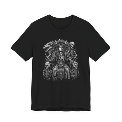 Gothic Norse Goddess Hel t-shirt design with skulls and dark Viking mythology art.