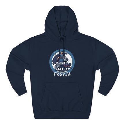 Freyja Norse Goddess graphic featuring a cat-drawn chariot and mythology design.