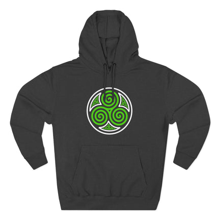 Green Celtic triskelion triple spiral symbol on a black pullover hoodie.