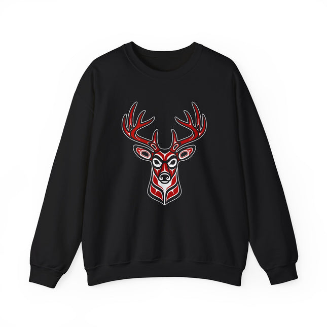 Tribal deer head graphic in red and white formline style on a black sweatshirt, featuring Pacific Northwest indigenous art.
