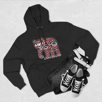 Tribal formline bear art hoodie featuring Pacific Northwest Indigenous style.