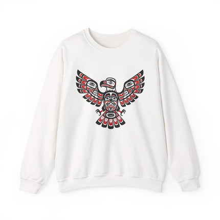 Pacific Northwest formline art eagle design on a white sweatshirt.
