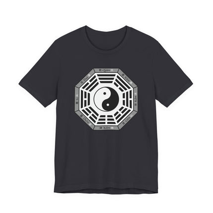 Taoist Bagua and Yin Yang trigrams graphic tee, symbolizing cosmic balance and Chinese philosophy.