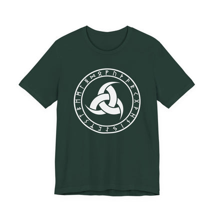 Viking rune circle shirt featuring Odin's triple horns and Norse mythology symbols.