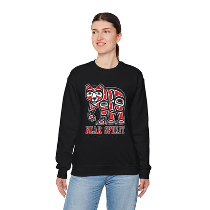 Black sweatshirt featuring a red formline art bear graphic and "Bear Spirit" text.