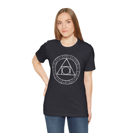 Black t-shirt featuring an esoteric alchemical symbol and surrounding zodiac glyphs.