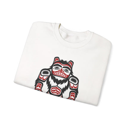 Sasquatch Bigfoot art sweatshirt featuring Pacific Northwest indigenous style design.