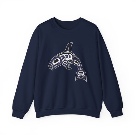 Formline art orca killer whale graphic on a navy sweatshirt, Pacific Northwest Indigenous style.