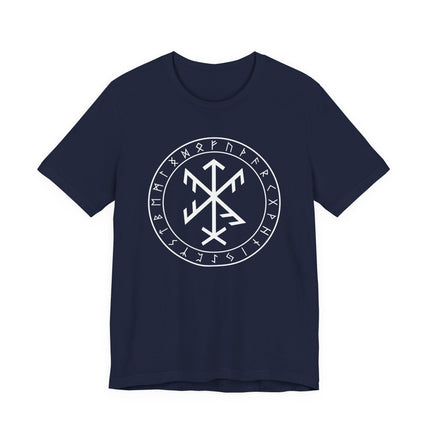 Navy t-shirt featuring a white bind rune sigil and Norse Futhark symbols for success and protection.