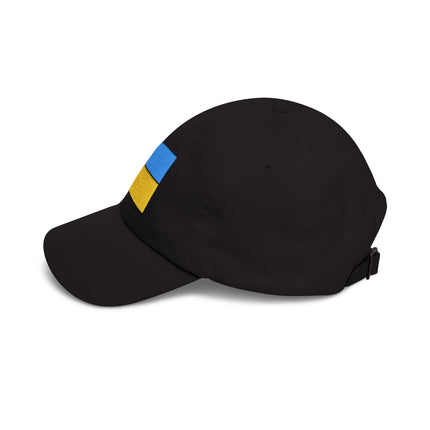 Black baseball cap featuring embroidered Ukrainian flag for support and pride.