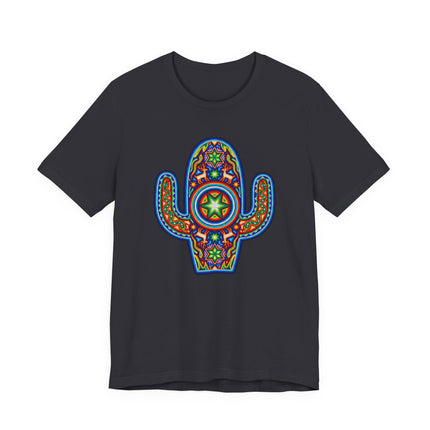 Black tee featuring a vibrant Huichol-style Mexican cactus graphic.