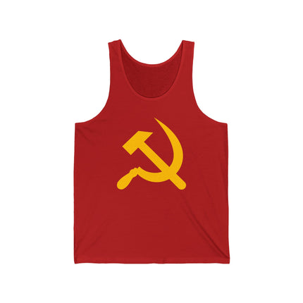 Red tank top featuring the yellow hammer and sickle communist symbol graphic.