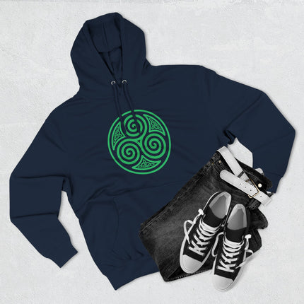 Green Celtic triskelion spiral symbol printed on a dark blue hoodie.
