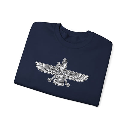 Faravahar winged Persian Zoroastrian symbol graphic print on a unisex pullover sweatshirt.