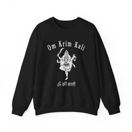 Kali Goddess Om Krim Kali mantra graphic on black spiritual sweatshirt.