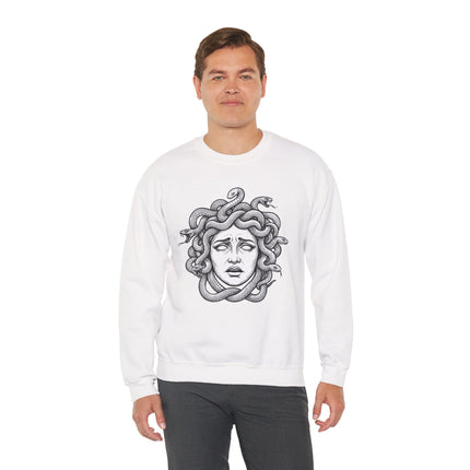 Medusa Gorgon head graphic on a white sweatshirt, depicting snakes for hair.