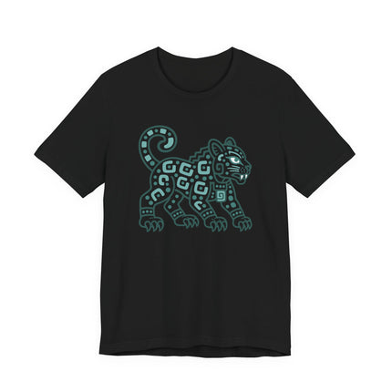 Mayan Jaguar T-Shirt | Teal Walking Cat with Geometric Markings Tee