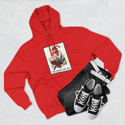 Red pullover hoodie with a graphic print of Pan, the satyr god of Greek mythology.