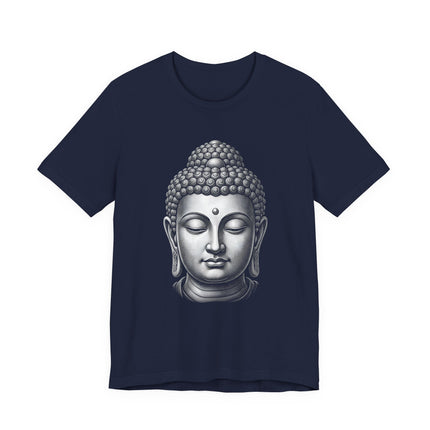 Zen Buddha head graphic tee featuring a serene grayscale illustration of meditation.