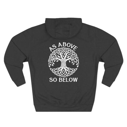 Celtic Tree of Life knotwork design with "As Above So Below" on a black spiritual hoodie.