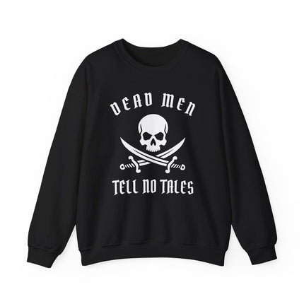 Dead Men Tell No Tales pirate skull and crossed swords graphic on a black sweatshirt.