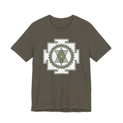 Sacred geometry Tripura Sundari Yantra graphic tee on a brown shirt.
