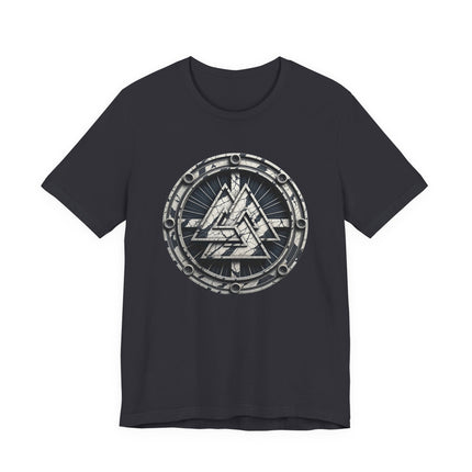 Circular Valknut symbol graphic print on a black Norse mythology t-shirt.