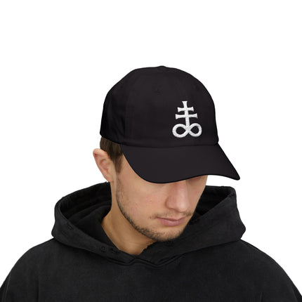 Black baseball cap with white embroidered Leviathan Cross symbol.