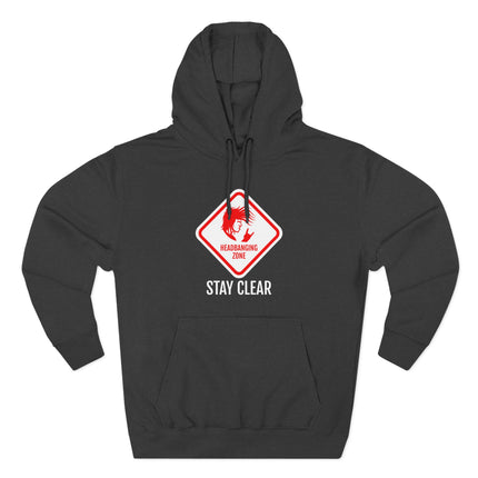Black pullover hoodie featuring a "Headbanging Zone Stay Clear" metal rock graphic.