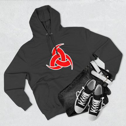 Odin's triple horn knot symbol graphic on black viking hoodie.