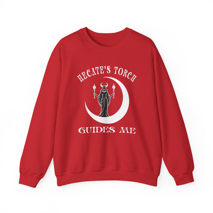 Hecate goddess and crescent moon graphic on a red sweatshirt. "Hecate's Torch Guides Me.