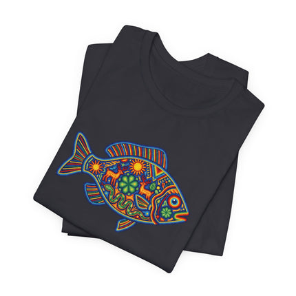 Vibrant Huichol Mexican folk art fish graphic tee featuring colorful indigenous symbolism.