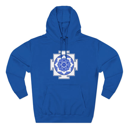Sacred geometry Kamala Yantra mandala art on blue spiritual hoodie.