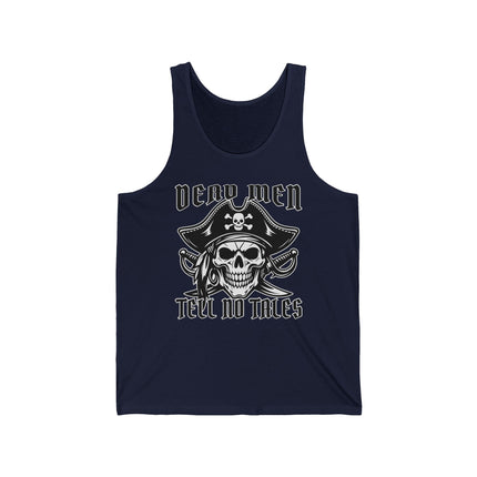 Dead Men Tell No Tales pirate skull graphic tank top featuring a nautical buccaneer design.