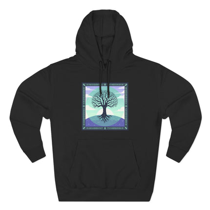 Celtic Tree of Life graphic design featuring mystical roots and nature scene on a black hoodie.