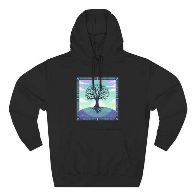 Celtic Tree of Life graphic design featuring mystical roots and nature scene on a black hoodie.