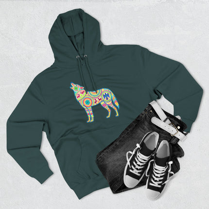 Vibrant Huichol Wolf Graphic Hoodie | Mexican Folk Art Pattern Pullover Hoodie