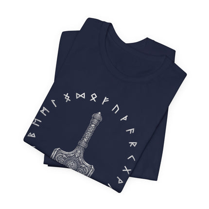 Mjolnir hammer and Norse runes graphic tee featuring Viking mythology and Thor's symbol.