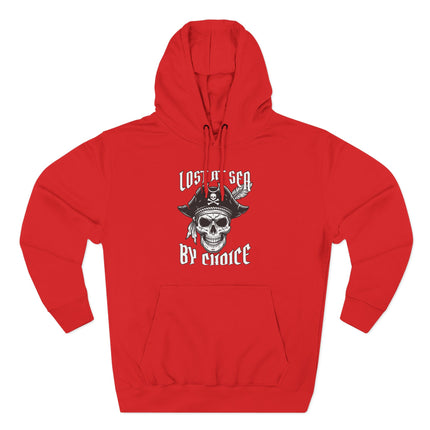 Red hoodie featuring a pirate skull graphic and "Lost at Sea By Choice" text.