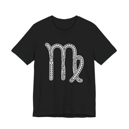 Boho tribal Virgo zodiac symbol graphic on a black unisex t-shirt.