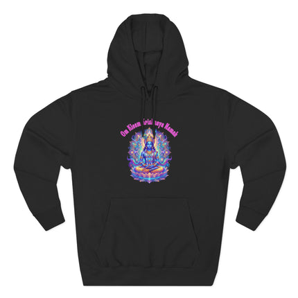 Krishna Om Mantra mandala art hoodie. Vibrant spiritual design featuring Lord Krishna on black apparel.