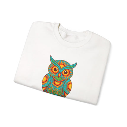 Vibrant Huichol owl sweatshirt featuring Mexican folk art desert cactus design print.