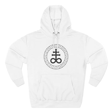 Occult symbols hoodie featuring alchemical and zodiac glyphs, including the Saturn glyph.