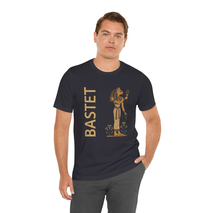Bastet Egyptian goddess graphic tee featuring ankh and mythology art.