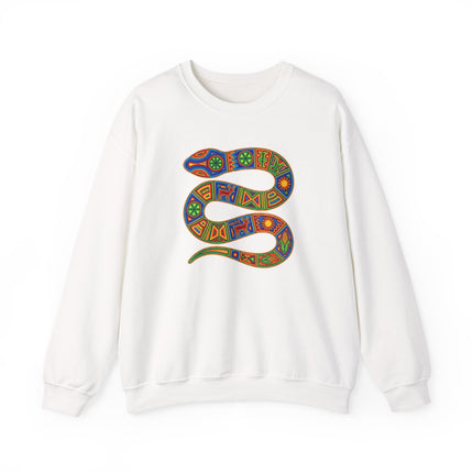 Vibrant Huichol indigenous art sweatshirt featuring a geometric snake pattern pullover.