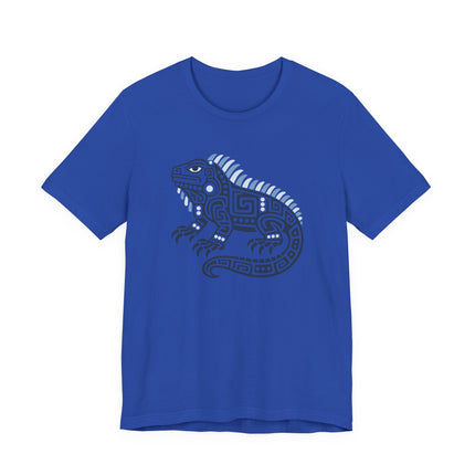 Mayan Iguana T-Shirt | Green Geometric Lizard with Striped Crest Tee