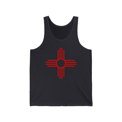 Red Zia Sun Symbol graphic on a black tank top. Southwestern Native American style apparel.