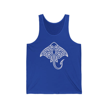 Polynesian tribal stingray graphic on a blue ocean-themed tank top.