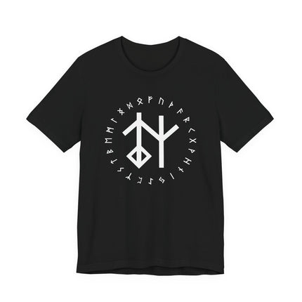 Black tee featuring a bind rune and the full Elder Futhark runic alphabet design.
